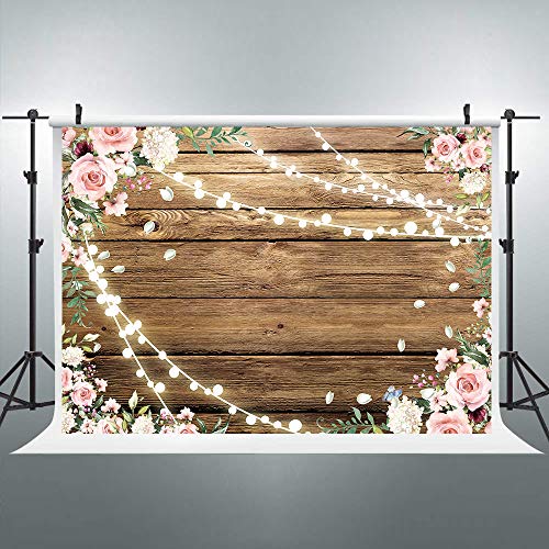 Riyidecor Floral Wooden Backdrop Rustic Pink Flowers Mother's Day Shiny Light Brown Wedding 7x5ft Photography Background Bridal Anniversary Decorations Banner Props Festival Photo Shoot Vinyl Cloth